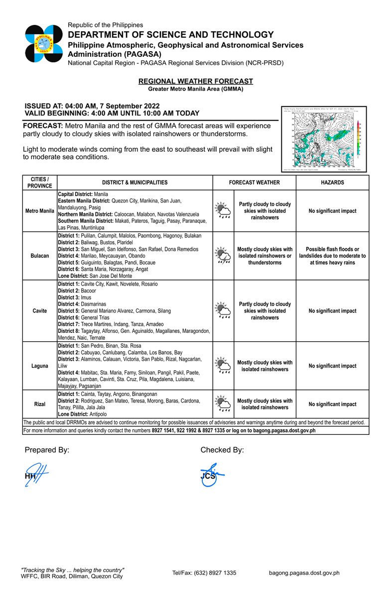 dost_pagasa's tweet photo. REGIONAL WEATHER FORECAST for GREATER METRO MANILA AREA (GMMA) #NCR_PRSD
Issued at: 4:00 AM, 07 September 2022
Valid Beginning: 4:00 AM - 10:00 AM today

https://t.co/fiReKiC4Ol https://t.co/C3gUScjKtD