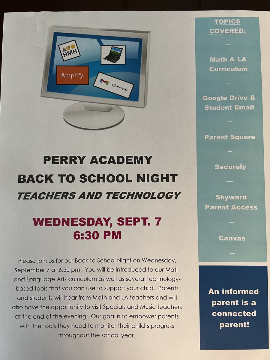 Please join us for our Back to School Night, tomorrow evening at 6:30 pm (see attached flyer).  Parents and students will hear from Math and LA teachers and will also have the opportunity to visit Specials and Music teachers.  
We look forward to seeing you tomorrow evening.