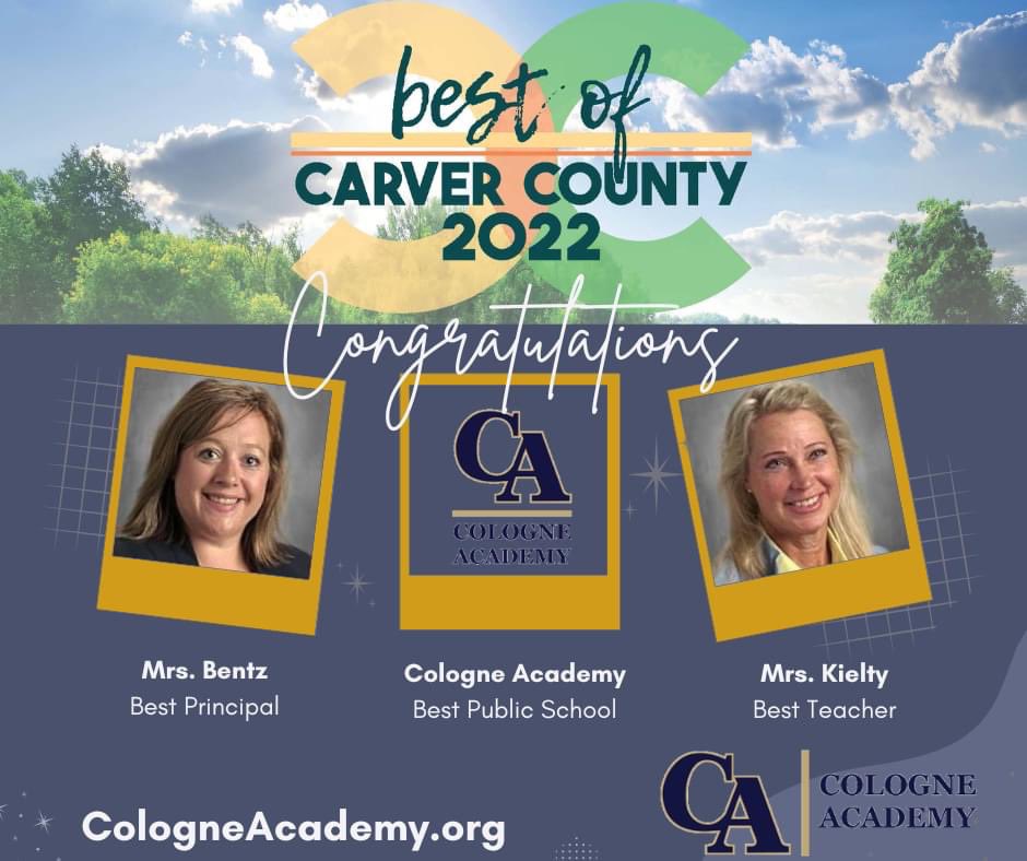 CologneAcademy's tweet photo. Cologne Academy has the BEST PRINCIPAL, the BEST TEACHER, and is the BEST PUBLIC SCHOOL according to the voters of the "Best of Carver County." 

CONGRATULATIONS to Mrs. Bentz and Mrs. Kielty. We sure are lucky to have you! 

Thank you to all who voted. https://t.co/p8YSKt1E1S
