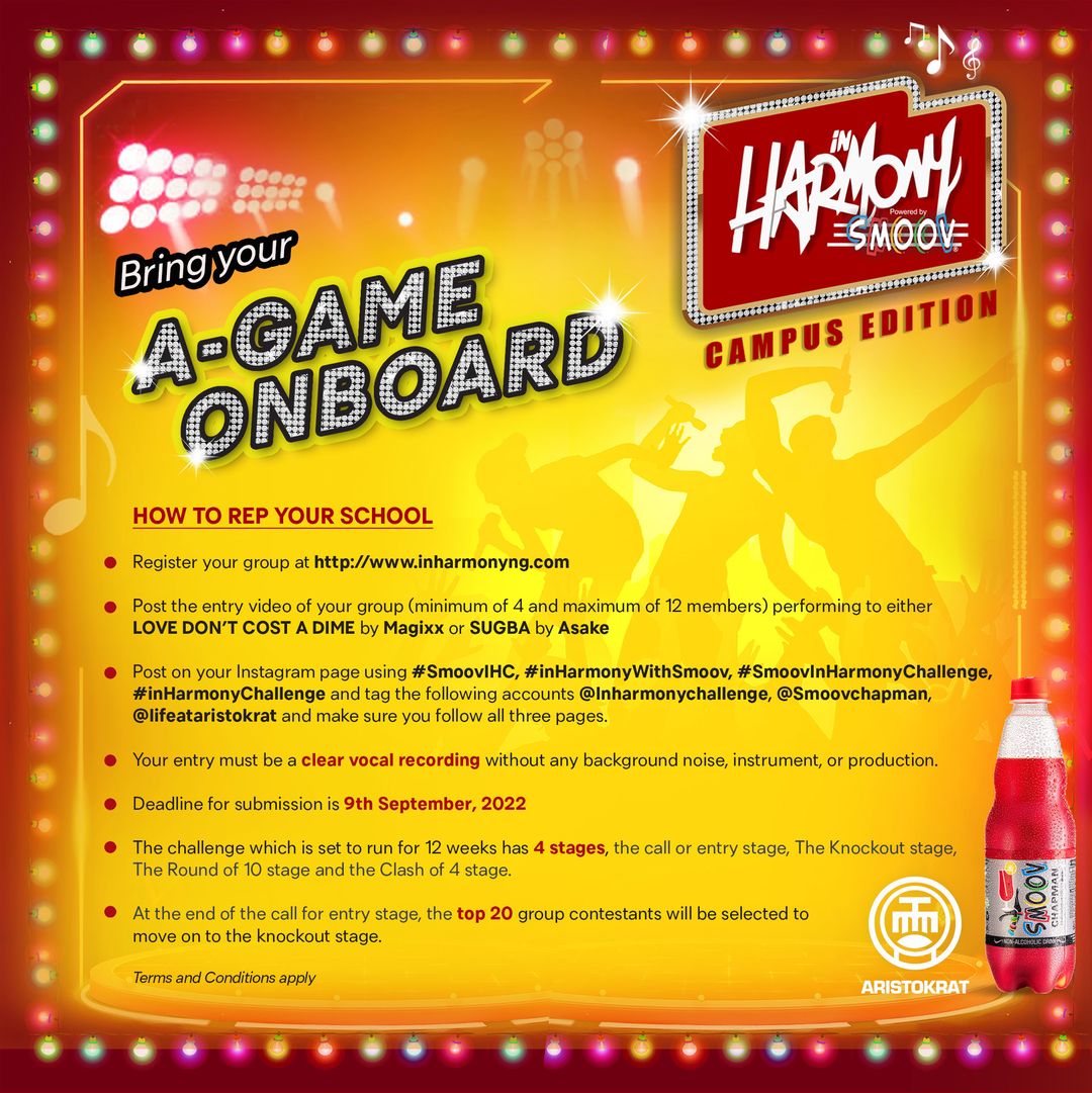 PulseNigeria247's tweet photo. Can you sing?⁣
⁣
Are you a group of 4 to 12 people that sing?⁣
⁣
If yes, then bring your A-game onboard and get rewarded with the sum of 2.5 million Naira in the Smoov #InHarmonyChallenge campus edition.⁣ https://t.co/RsBkxAzkO6