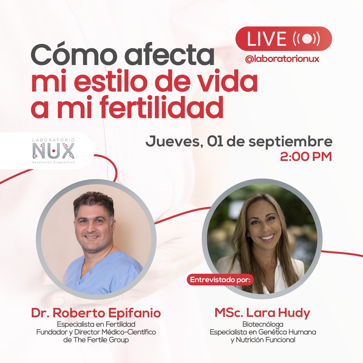 #LiveNUX: Cómo afecta mi estilo de vida a mi fertilidad 🤰🏻🧬
Conéctate este jueves 1 de septiembre a la 1 PM a través de nuestro Instagram <a href="/laboratorionux/">NUX Laboratorio</a> ¡No te lo pierdas! ↓