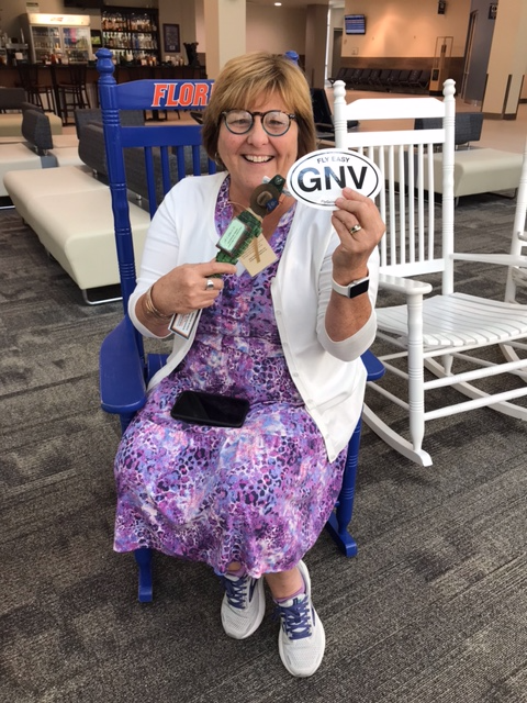 GNVChamber's tweet photo. Gator found!! Lori Warren spotted this fellow traveller, created by artist Dianne Tonnessen, at the Gainesville Regional Airport! This guy had some adventures before Lori scooped him up! #gnv #gnvlovesgators #dukeenergy #gainesvillesportscommission #artisansguildgallery https://t.co/1vQB6bb4iI