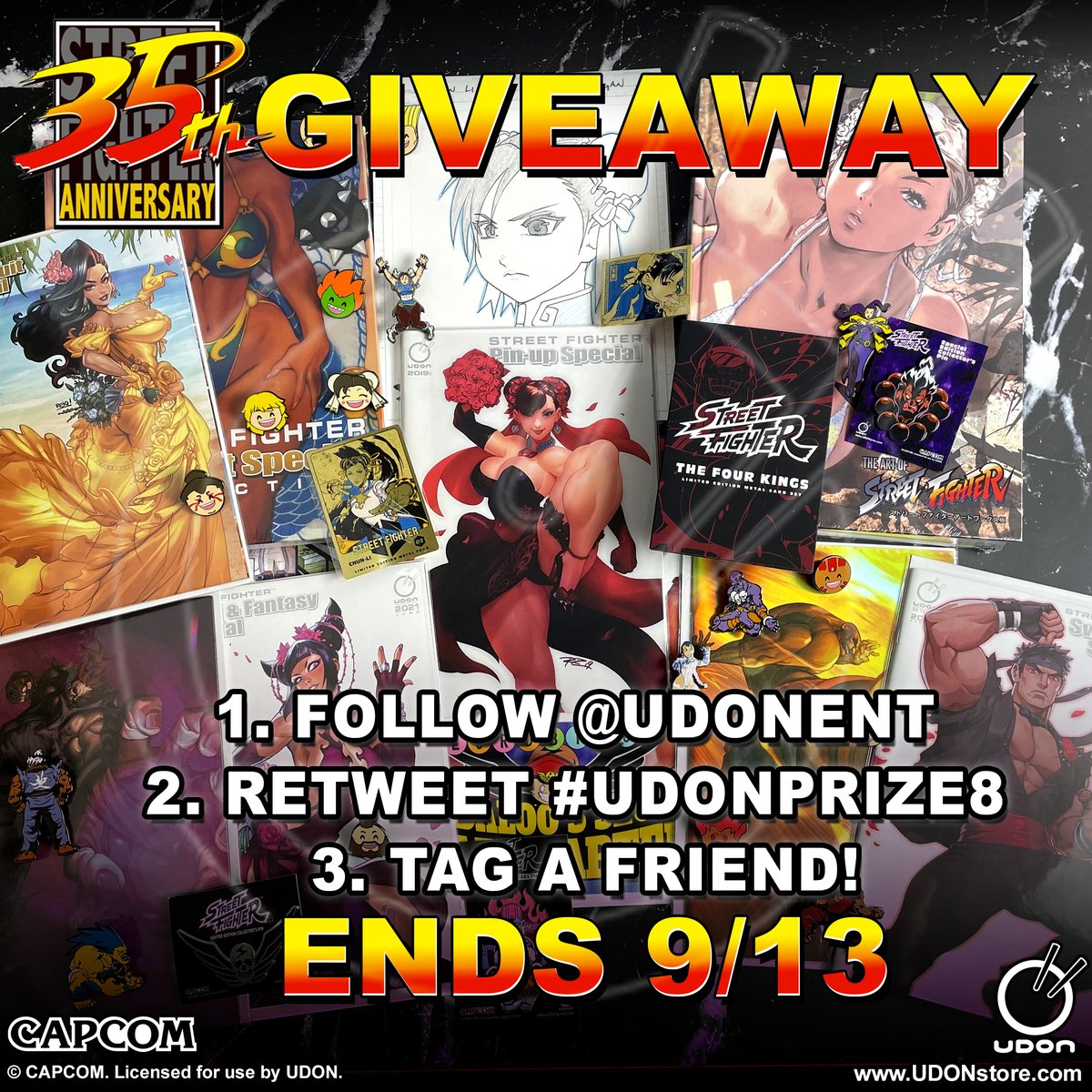 UdonEnt's tweet photo. 👊Happy 35th Anniversary Street Fighter!🔥 We’ve got a massive prize pack to give to one lucky #streetfighter fan, including the #StreetFighter6 Gold Chun-Li metal card! Entry rules below! 

1. Follow @udonent 
2. Retweet #UDONPRIZE8 
3. Tag a friend

Open🌎

Contest Ends 9/13! https://t.co/W7vHNcA0dY