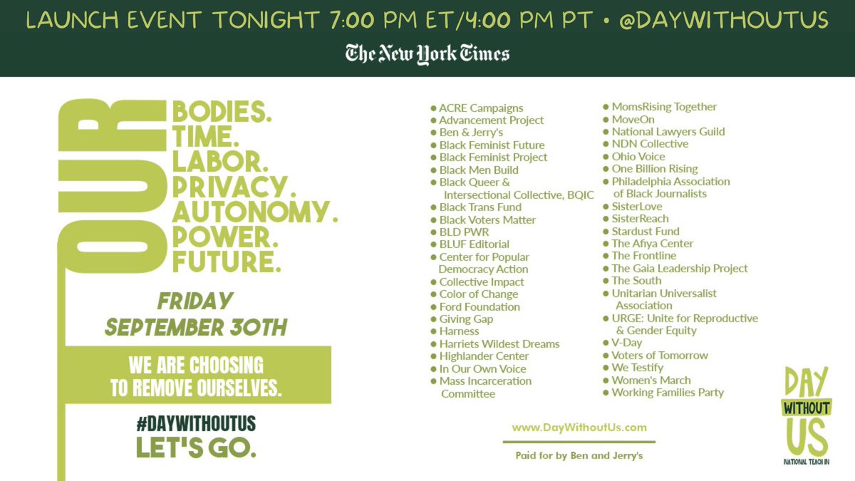 Today, we joined with over 40 other organizations to launch #DayWithoutUs, a new call to action on Sept 30, with a full-page ad in the <a href="/nytimes/">The New York Times</a>. Join us tonight for a special launch event at 7pm ET on the <a href="/DayWithoutUs/">Day Without Us - Join us Sep 30th!</a> Twitter profile. 

We are choosing to remove ourselves.