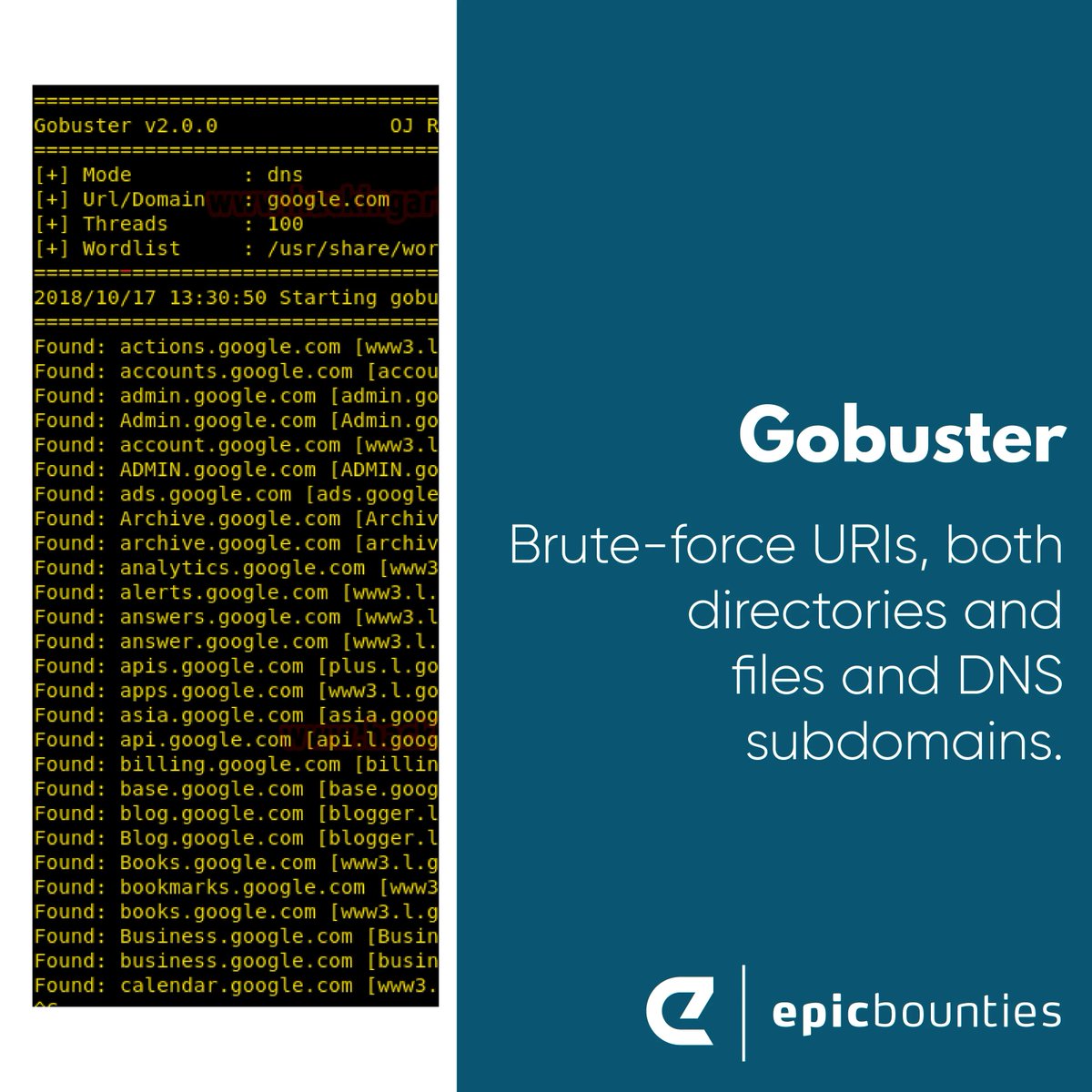 Now let's talk about content discovery tools 🔎. Go buster is used to brute-force URIs including directories and files, DNS subdomains, virtual host names and open amazon S3 buckets 🔫🛡️. Check it out> buff.ly/36asIor