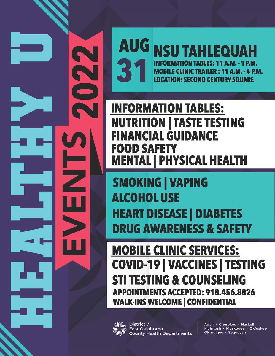 TOMORROW!!!!!
Health U is coming to campus Wednesday August 31st
Informational tables 11a-1p
Mobile Clinic 11a-4p Appointments accepted 918-456-8826/Walk-ins Welcome
Location: 2nd Century Square/Lewis Sidewalk
FREE TO ALL STUDENTS!!