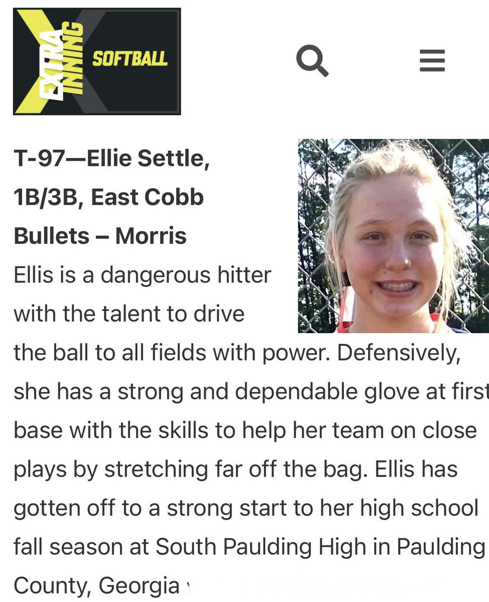 Congratulations <a href="/ellie_settle/">Ellie Settle</a> for being ranked in the top 100 of the 2024 class by <a href="/ExtraInningSB/">EXTRA INNING SOFTBALL</a> . Well deserved kid. <a href="/EastCobbBullets/">EC Bullets Fastpitch</a>