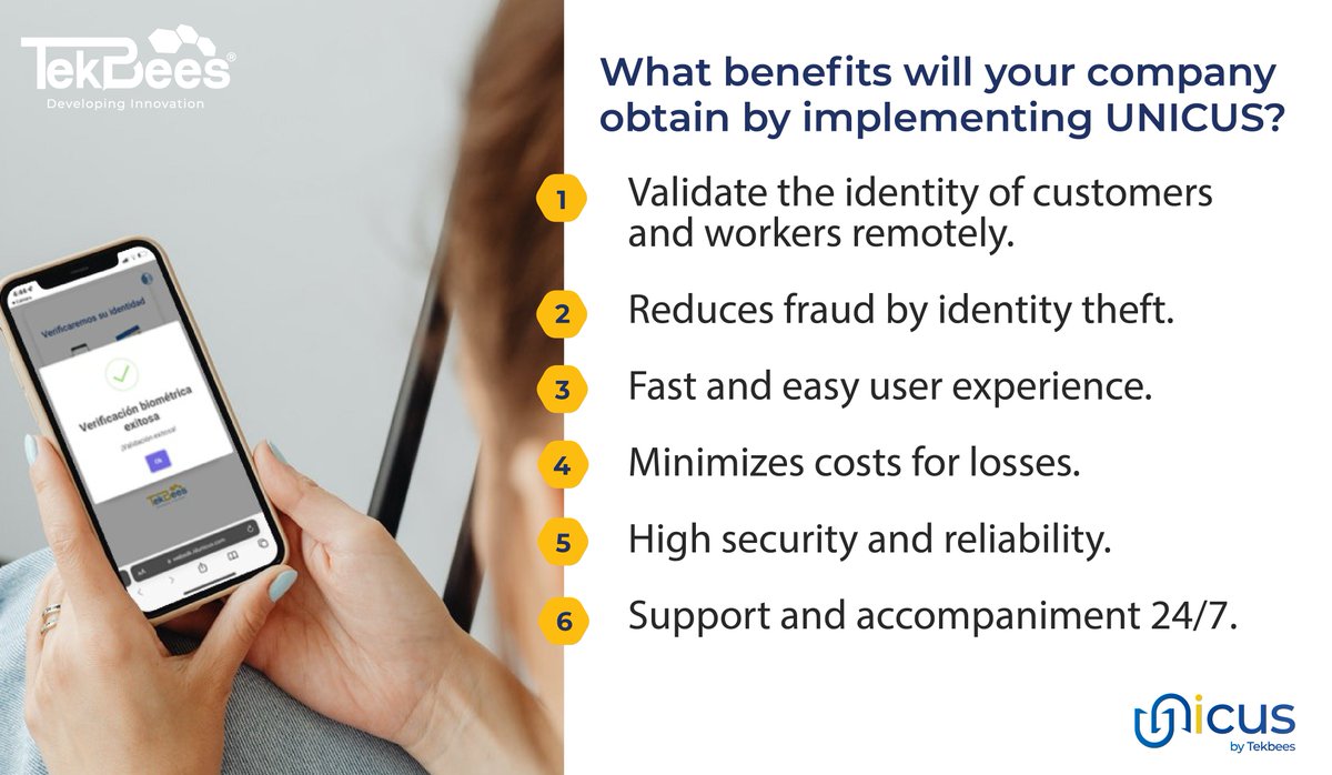 Tekbees's tweet photo. Find out why your company needs to implement biometrics for digital transactions. We created Unicus, a service that can help in business environments. 📱🔒

➡ More information: https://t.co/S9JKmEX2U3

#Biometric | #Technology | #Innovation | #Software https://t.co/8bfwKA7W96