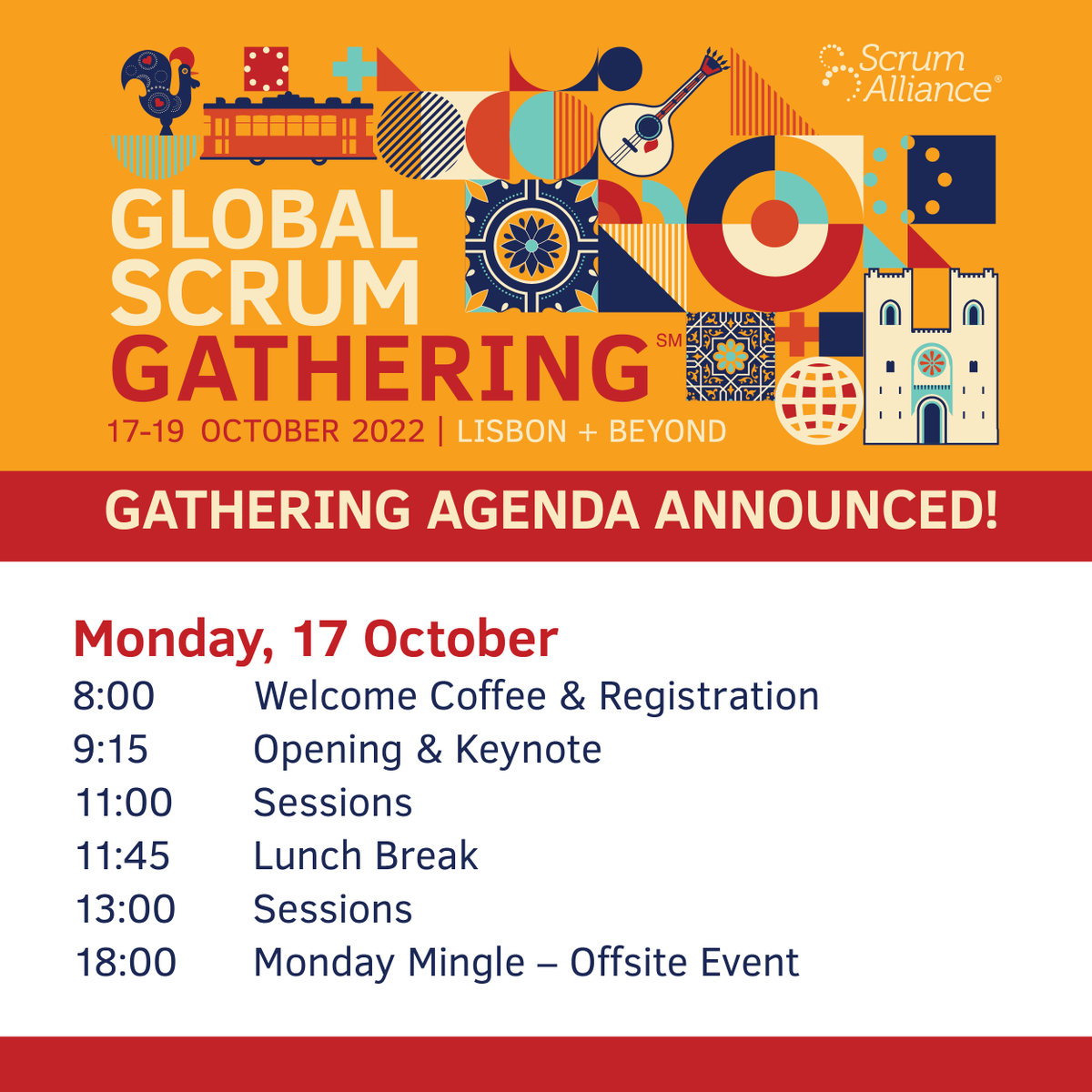 ScrumAlliance's tweet photo. Global Scrum Gathering 2022 Lisbon + Beyond is quickly approaching. Check out the in- person agenda for three days packed with keynotes, speaker sessions, Open Space, and more to connect with other changemakers.
https://t.co/VSvKMZH5p3

#GSGLis22 #globalscrumgathering https://t.co/6HN94eQZyS