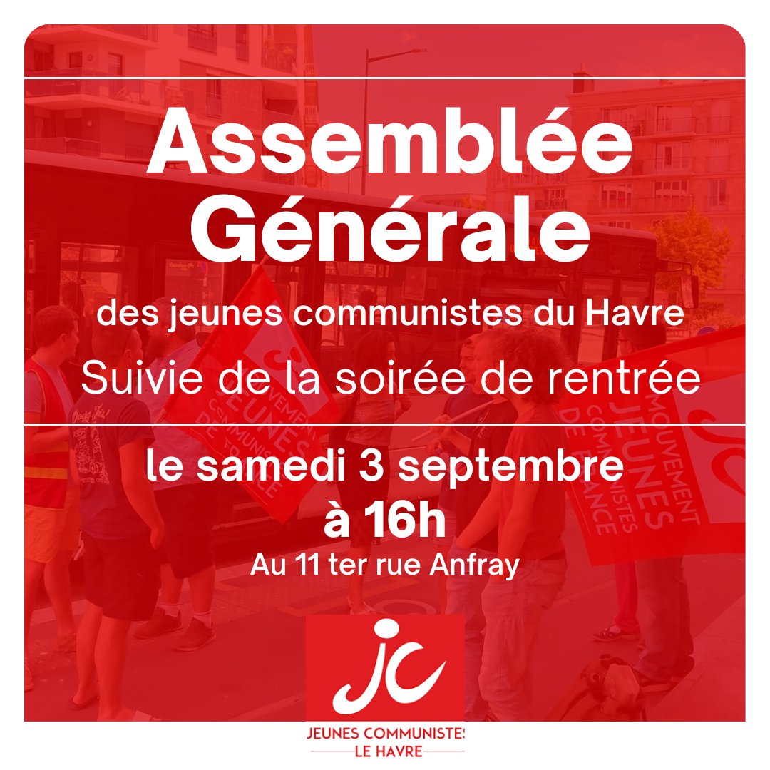 Les Jeunes Communistes du Havre se réuniront samedi pour préparer leur rentrée politique et leurs futures actions.
À partir de 19h ce sera la soirée de rentrée ! Repas offert, bar, musique, venez échangez avec nous et passer un bon moment.
Ouvert à toutes et à tous