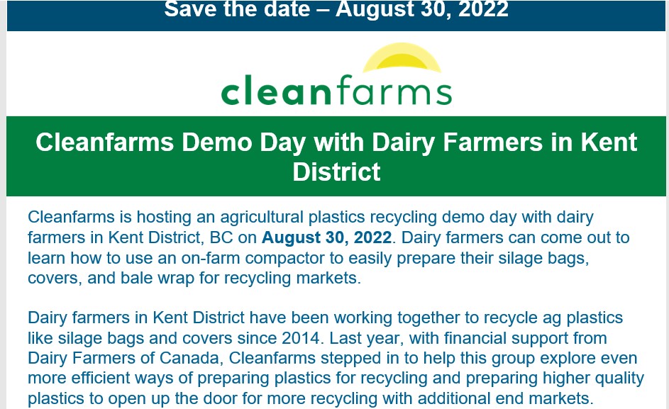 Kim_R_Timmer's tweet photo. Our team is in Kent District #BC where there is tons of interest in silage plastic recycling. With financial support from @dfc_plc via the Here for Tomorrow campaign, @Cleanfarms is providing extra support to local #dairy farmers who have championed ag plastic recycling since '14 https://t.co/tZJOKP0sdc