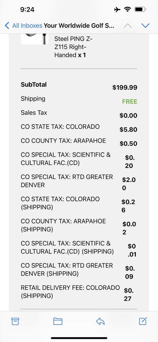 Great news...new golf club on the way! Not so great...the NINE separate taxes one lousy golf club is now subject to in CO incl some ridiculous line items!
Pahleez. #copolitics #cogov