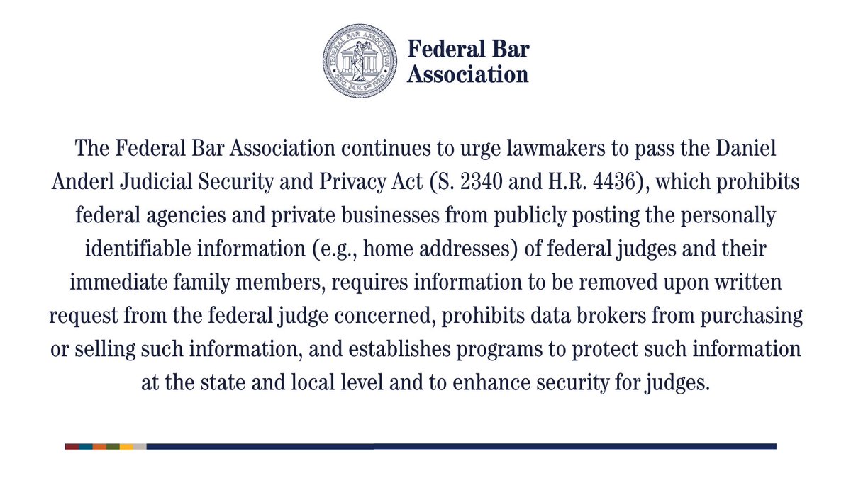 federalbar's tweet photo. 🔊FBA Continues to Call For Passing of the Daniel Anderl Judicial Security and Privacy Act. For additional information visit https://t.co/tV7Xj0EioG  #SCOTUS #FBA #federal #judicialsecurity https://t.co/ASB9mJ8Vvi