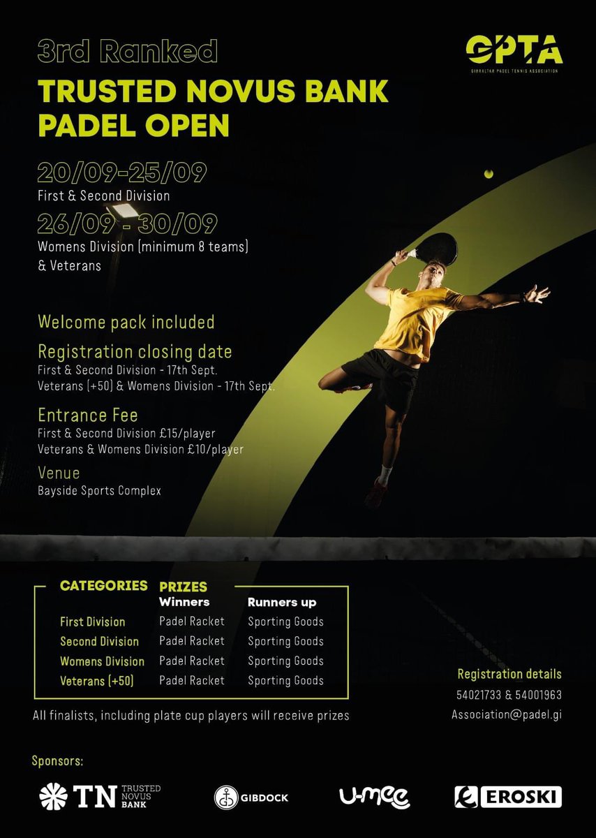 🚨 Registration for 1st, 2nd, Vets & Woman’s division are now open. GPTA 3rd ranked Trusted Novus Bank Padel Open at the Bayside Sports Complex 🎾 Registration closes on September 17th so sign up now by emailing association@padel.gi or 📲on 54021733 or 54001963