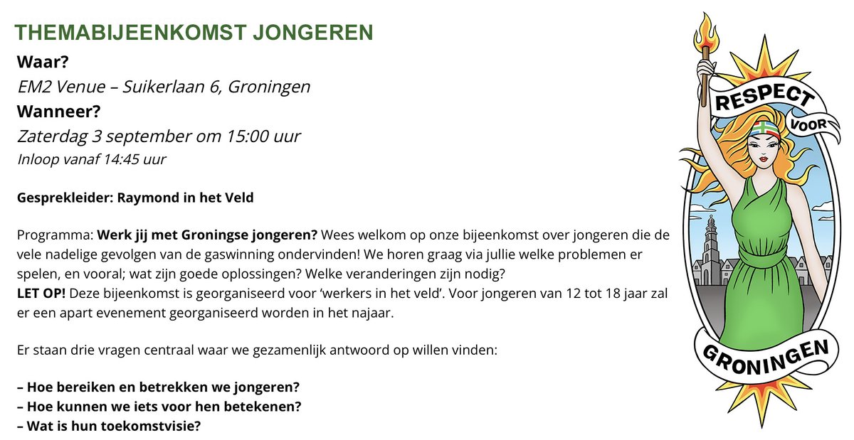 GBBGroningen's tweet image. OPROEP! Werk jij met Groningse jongeren in het bevingsgebied, bijv. als docent of trainer?🔥 

Wees welkom op onze bijeenkomst a.s. zaterdag! We horen graag waar jongeren in bevingsgebied tegenaanlopen, en vooral; wat zijn goede oplossingen?

Meld je aan👉 respectvoorgroningen.nl/thema-jongeren/
