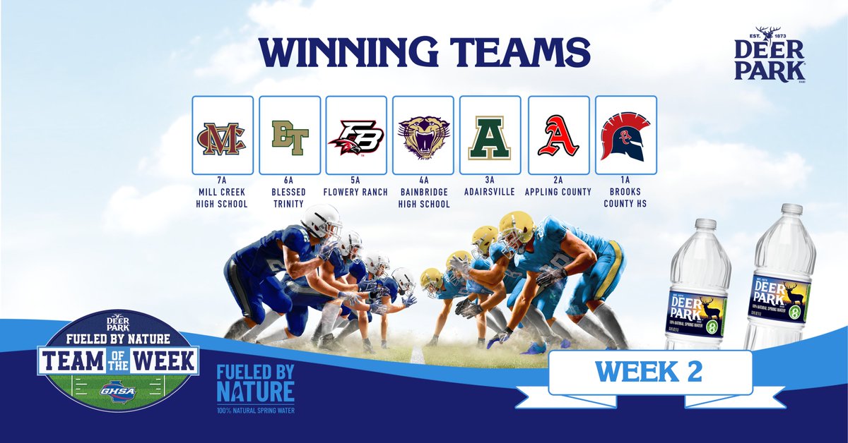 Congratulations to Week 2 <a href="/DeerParkWtr/">Deer Park®</a> Fueled by Nature Teams of the Week! 🏈💪😤
7A | <a href="/MCFootballCoach/">Mill Creek Football</a>
6A | <a href="/BTCHSFootball/">Blessed Trinity Football</a>
5A | <a href="/BranchAthletics/">Branch Athletics</a>
4A | <a href="/Bainbridge/">Bainbridge</a> HS
3A | @Adairsville HS
2A | @Appling County HS
1A | <a href="/BCTROJANFB/">Brooks County 🏈</a>
bit.ly/3QWoJD5