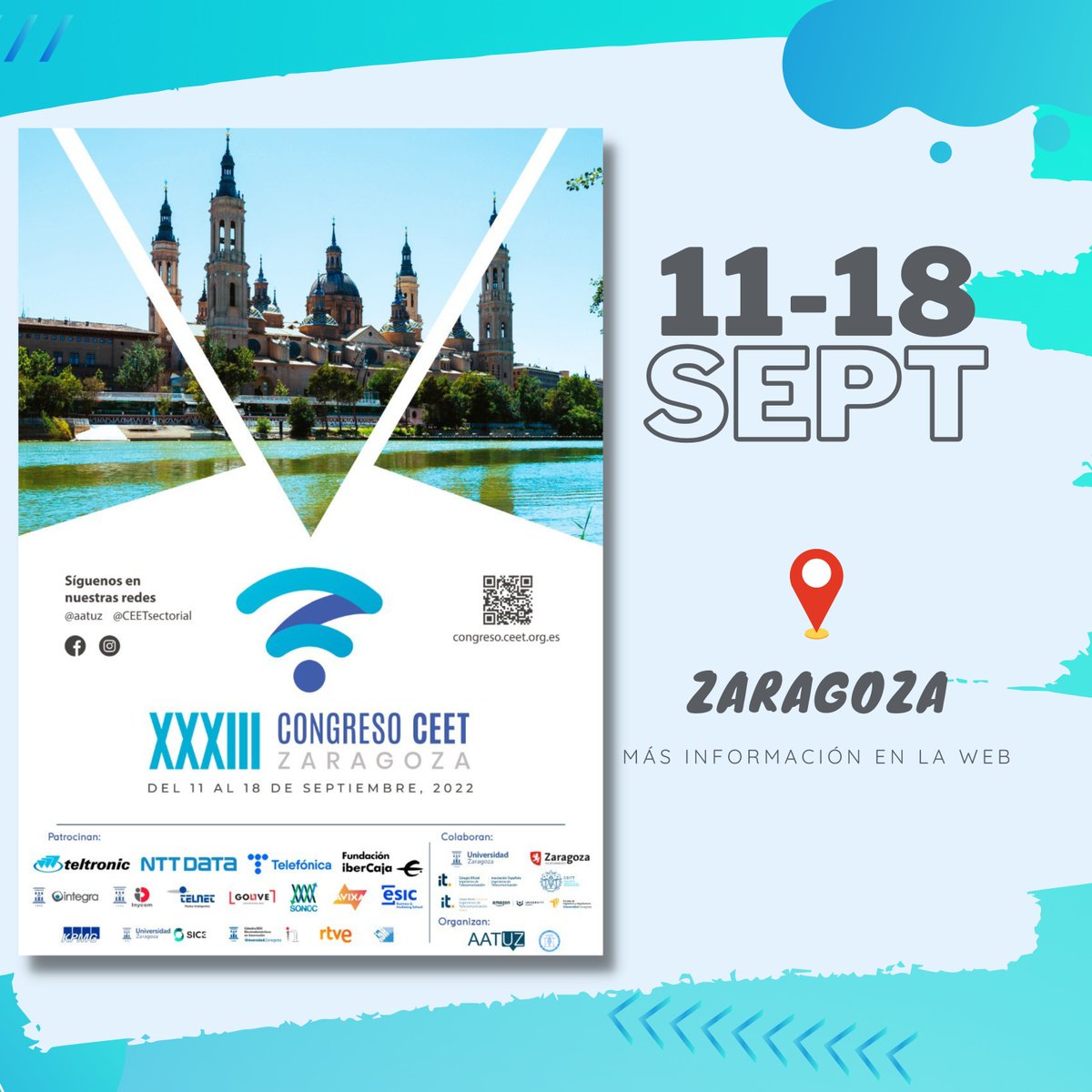 CEETsectorial's tweet photo. ‼ Ya queda menos para el XXXIII Congreso https://t.co/ccLdj3uyS7.T, que se celebrará en Zaragoza entre el 11 y el 18 de septiembre. 🔜

Allí, se reunirán representantes de socios de toda España para compartir ideas que mejoren los grados y másteres de teleco. 📡

¡Os esperamos! https://t.co/IkWQ7SQ9x3