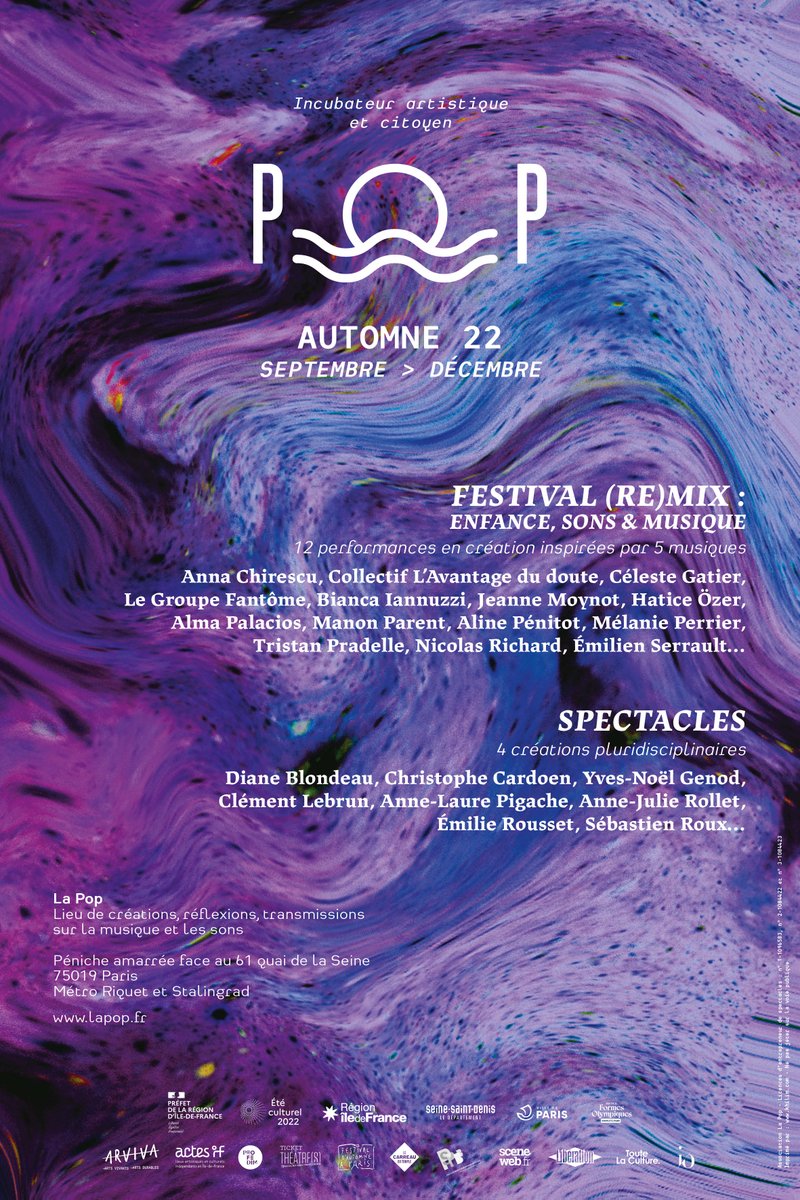AUTOMNE 22
septembre > décembre

🌞​ Du 10 septembre au 8 octobre, le festival (Re)Mix réunit 12 performances d'artistes de disciplines variées, inspirées par 5 musiques. 

🌚​ Puis, en novembre et décembre, 4 spectacles en création seront à découvrir dans la cale de la péniche !