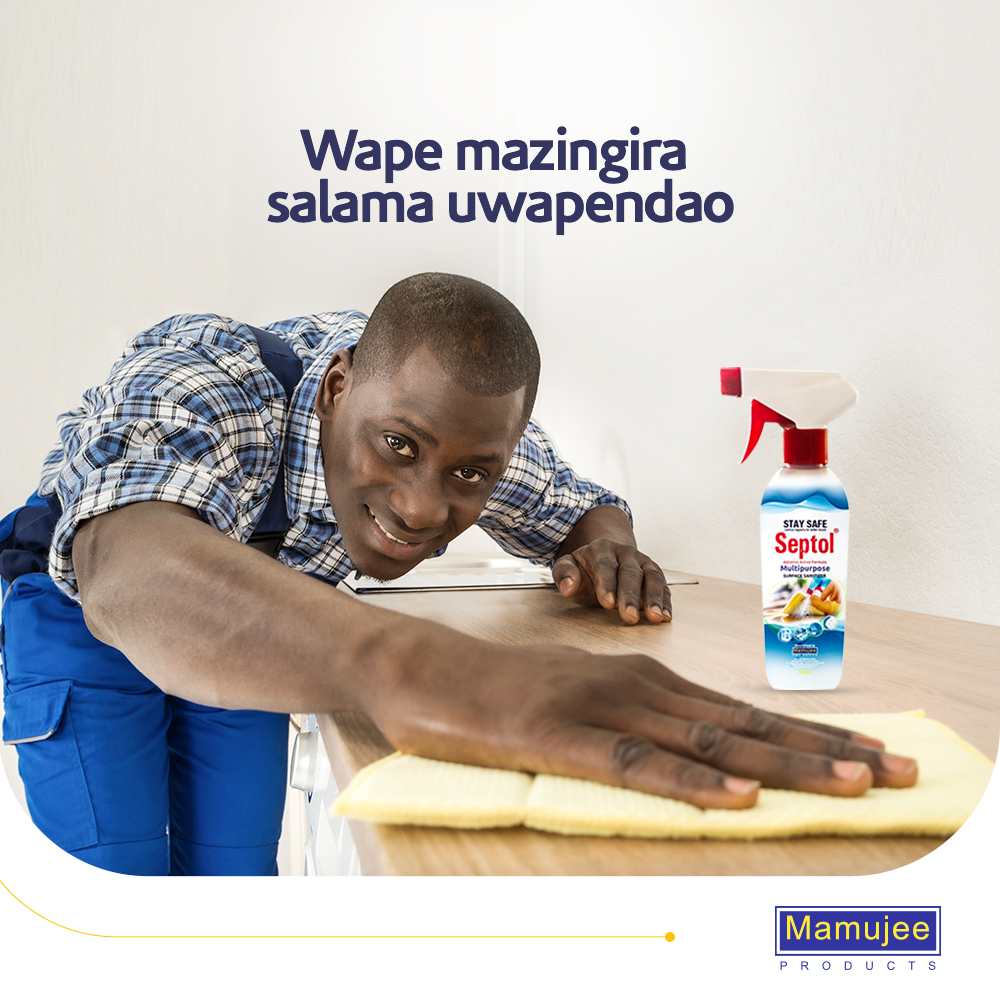 MamujeeLtd's tweet photo. Ni jukumu letu kuzilinda afya zetu kwa kuhakikisha usafi wa maeneo tunayoyagusa mara kwa mara iwe majumbani au maofisini. Bidhaa yetu ya Septol Surface Sanitizer ni maalumu kwa kukulinda dhidi ya vijidudu hatari visivyoonekana. #SisiNiMamujee https://t.co/aaahE6fvC2