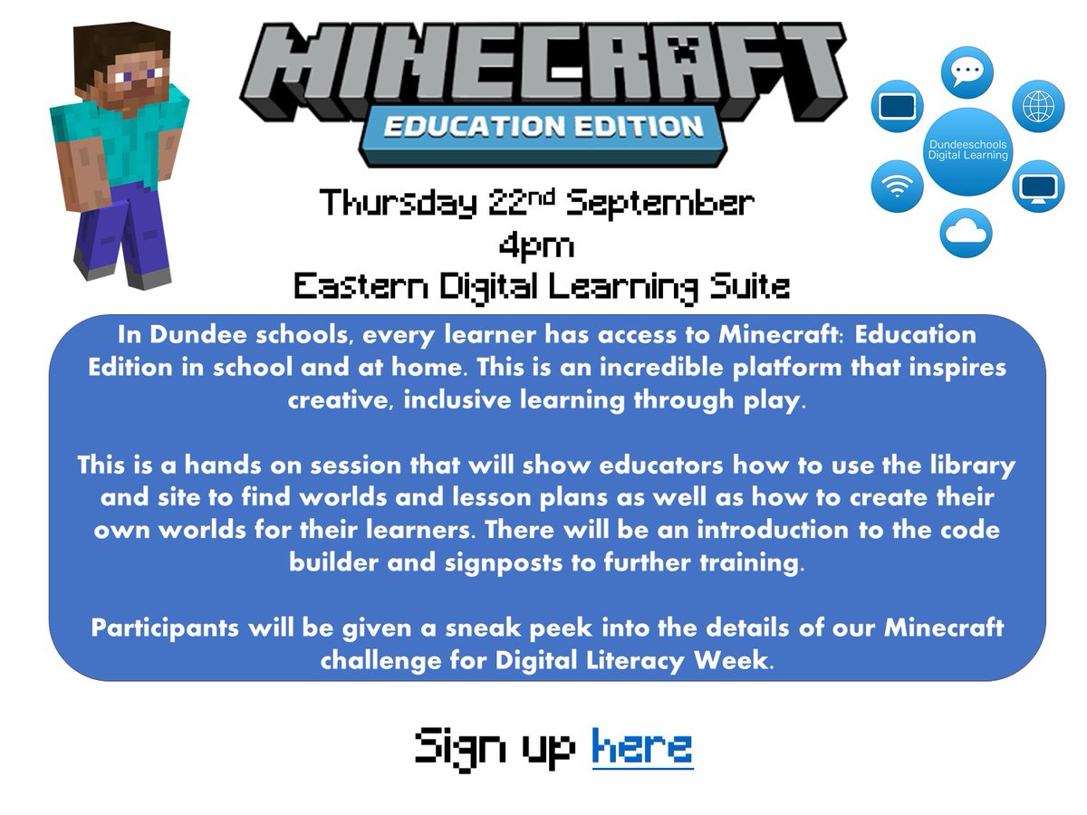 DigiLearnDundee's tweet photo. As part of Scottish #DigitalLiteracyWeek in October,  we are pleased to offer live in/person professional learning at the DCC Digital Learning Suite. Our second session is 'Making the most of Minecraft' 22nd Sept. Sign up here -https://t.co/THg2orkngl https://t.co/Yb0nV9d4hP