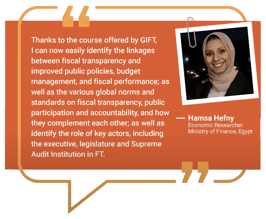 FiscalTrans's tweet photo. Le cours en ligne "La #transparencebudgétaire pour dévt" de GIFT a été testé de sept 2021 à mars 2022. Lisez ce que nos diplômés ont à dire sur leur expérience ici.
Ou mieux encore, inscrivez-vous dès maintenant et racontez-nous votre expérience ! 👇
https://t.co/u6mYvlkyWo https://t.co/0wlUJD1cJ5
