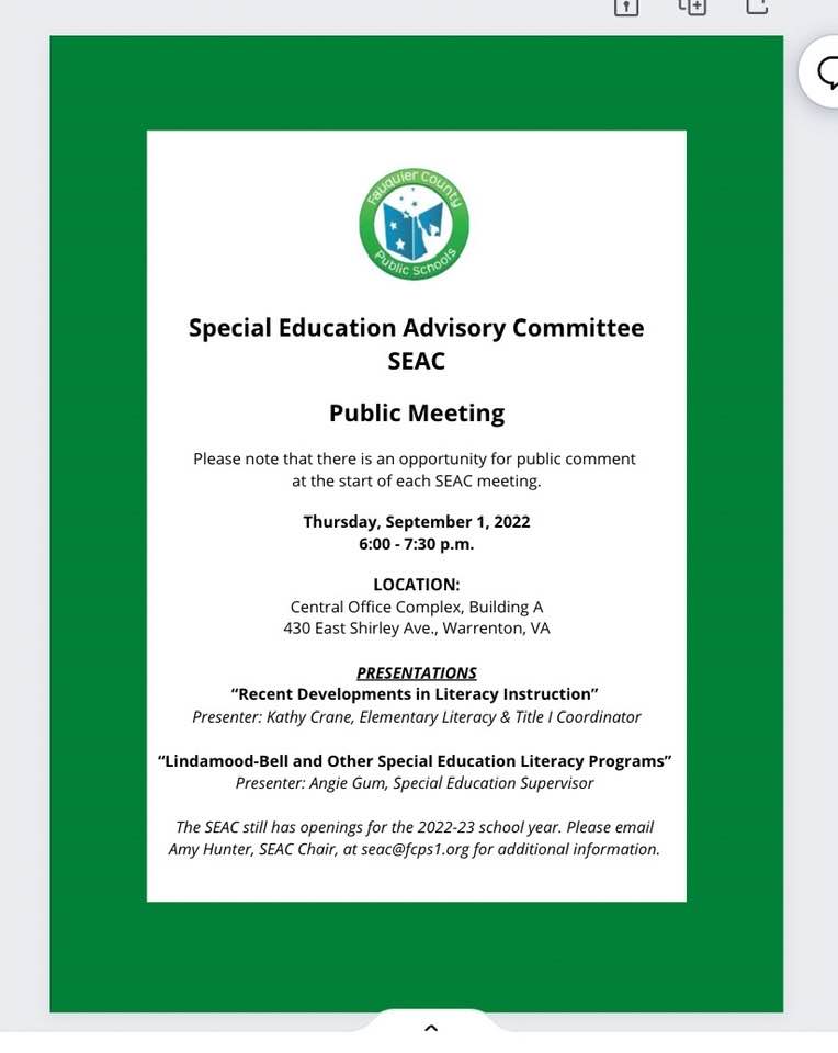 FauquierSEAC's tweet photo. YOU’RE INVITED! 
WHAT: SEAC meeting
WHEN: Thursday September 1st  6 p.m. 
WHERE: Central Complex, Building A.  430 East Shirley Ave
Presentation: Literacy/Reading Instruction &amp; Programs
@fcps1news
 #FCPS1KidsDeserveIt https://t.co/6jucb0G3RL