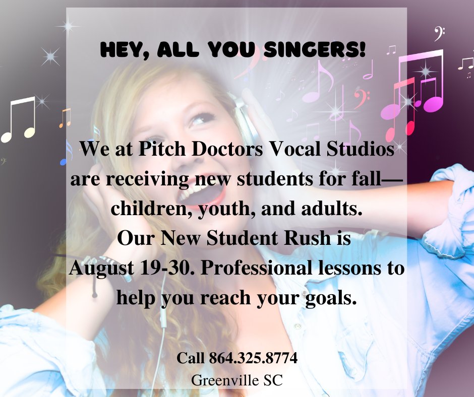 BestSingerState's tweet photo. Start kicking your vocal talent to new heights with vocal training. Check out Pitch Doctors in Greenville SC. Open enrollment continues today! https://t.co/PyyIzEp2Vo
