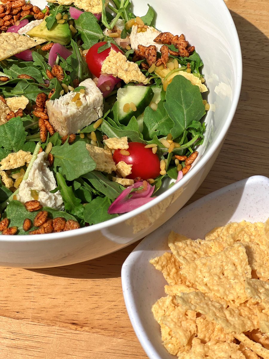 Parmesan Crisps and salads are a match made in culinary heaven!

Today's recipe includes: Arugula, cherry tomatoes, pickled onions, avocado, cucumber, puffed rice tossed with spices, grilled chicken, champagne vinaigrette, and of course, Parmesan Crisps! #joyfullrecipes