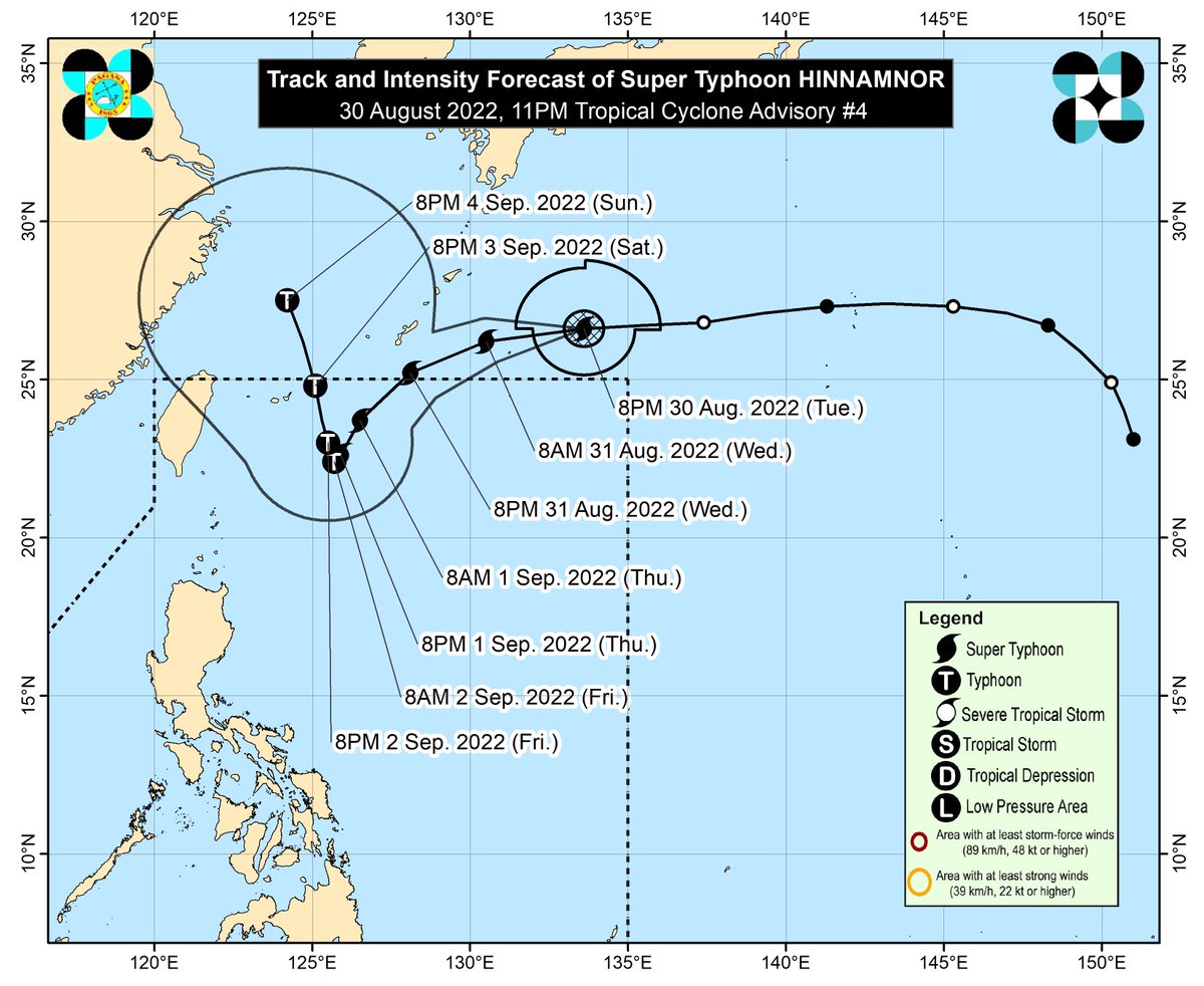 dost_pagasa's tweet photo. TROPICAL CYCLONE ADVISORY NO. 4
Super Typhoon “#HINNAMNORPH”
Issued at 11:00 PM, 30 August 2022
Valid for broadcast until the next advisory at 11:00 AM tomorrow

SUPER TYPHOON “HINNAMNOR” FURTHER INTENSIFIES OVER THE SEA EAST OF RYUKYU ISLANDS

Link: https://t.co/Z1s8vf1ji3 https://t.co/B8PZgOqaBj