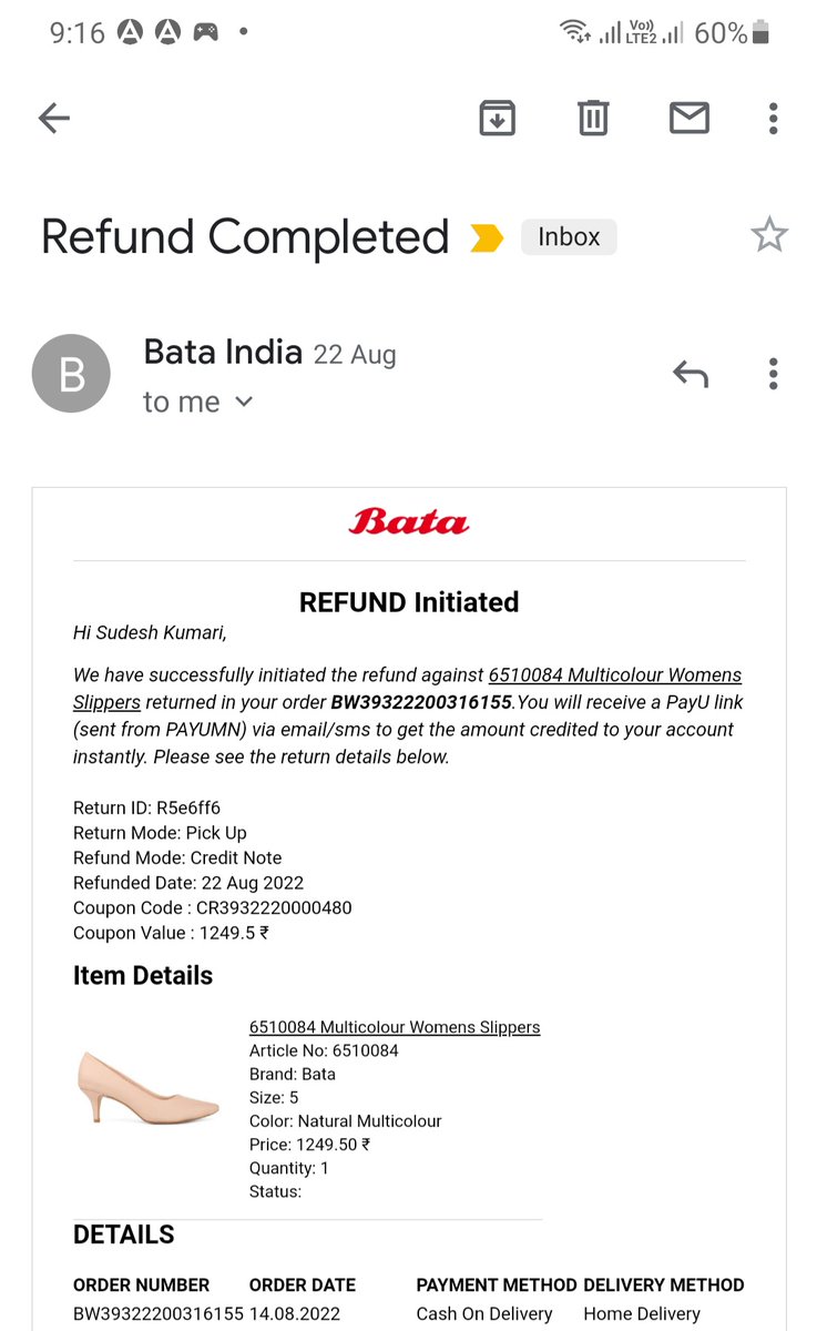 BangarSudesh's tweet photo. @BATA_India Didn't receive refund yet. Its already more than a week. https://t.co/akZZvEUD19
