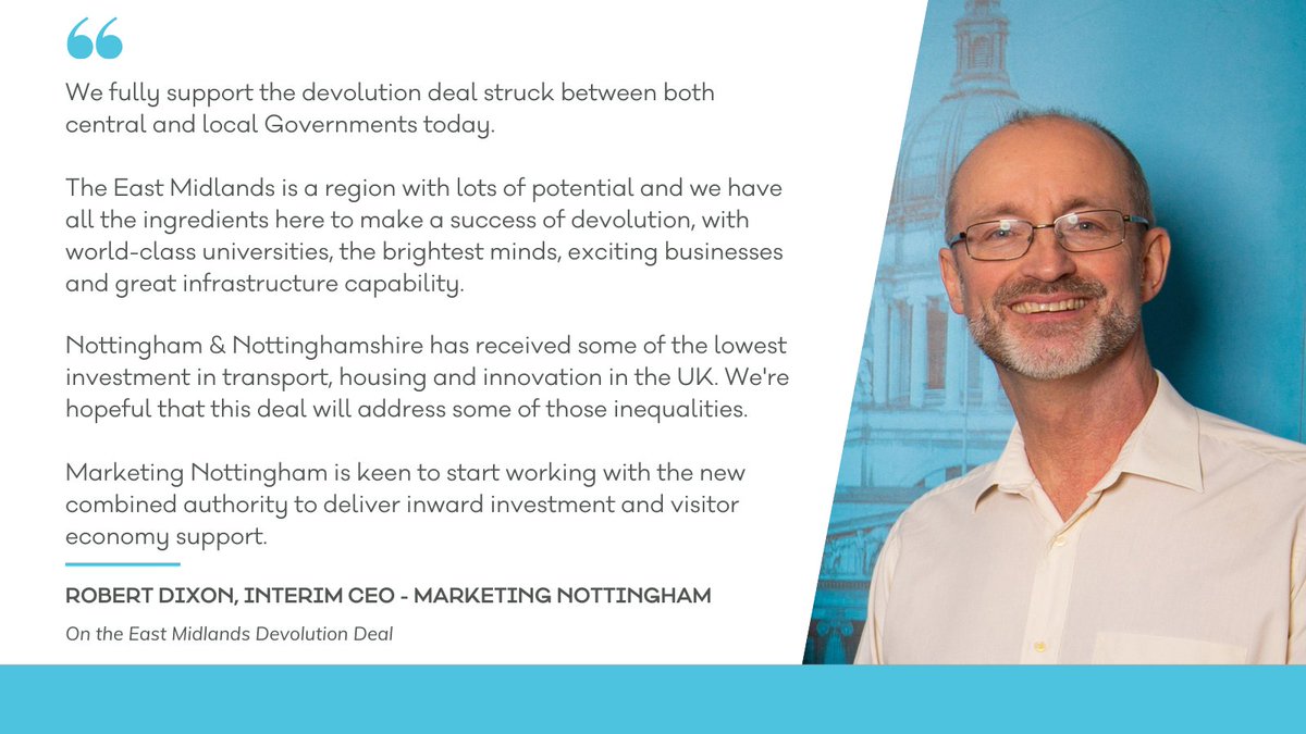 MarketingNottm_'s tweet photo. Here at Marketing Nottingham, we welcome today's announcement on a new devolution deal for Nottingham, Nottinghamshire and the region 🤝

Read what our Interim CEO @robroydix had to say about the deal 👇 https://t.co/dKGqmHiplQ