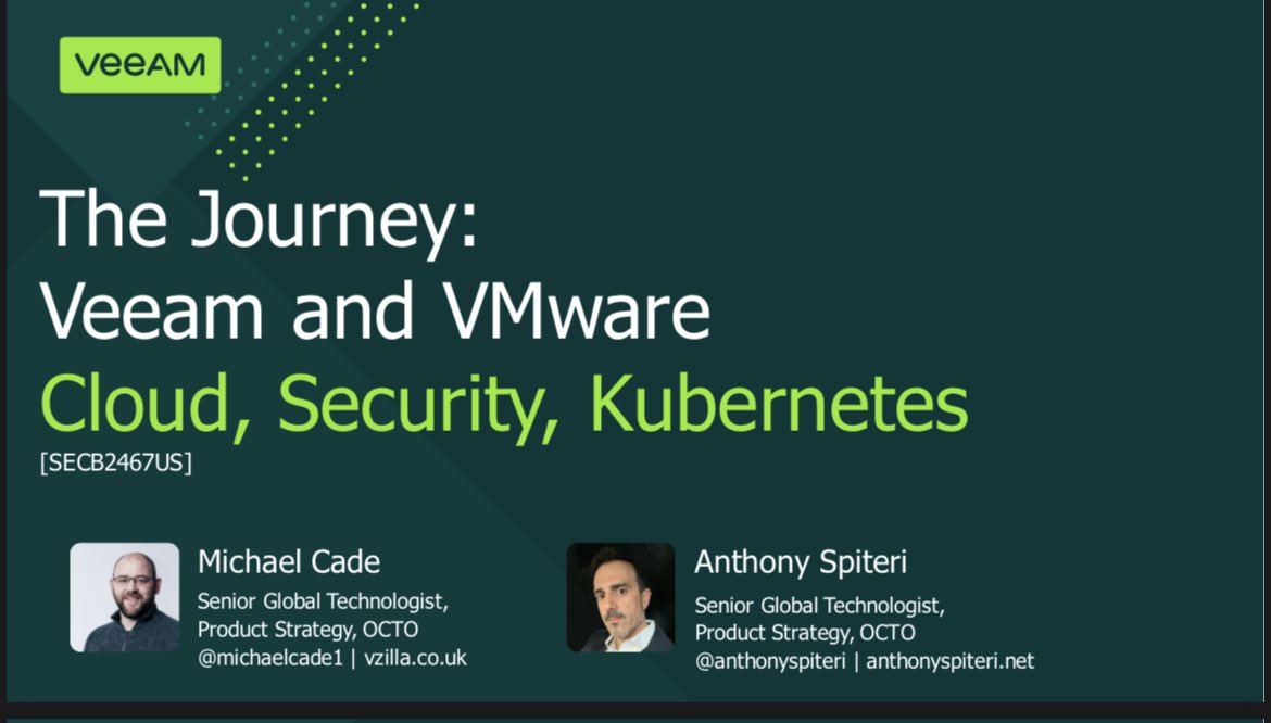anthonyspiteri's tweet photo. While everyone’s getting ready for the @VMwareExplore keynote, a reminder that @MichaelCade1 and myself will be presenting at 1pm in Mascone West 2011. Lots of v12 and K10 info and demos. SECB2467USS #VMwareExplore @Veeam https://t.co/PvQ17OonGt