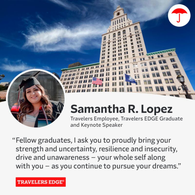 mmibsen's tweet photo. Wise words from Samantha. Cheers, Samantha, and congratulations to all of our recent Travelers EDGE graduates! #TRVemployee https://t.co/dJMH8hdnTf https://t.co/wzk4k6pLmm