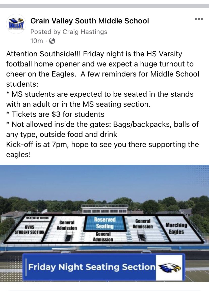 GVSouthMiddle's tweet photo. Attention all Eagles! Please see this info if you plan to attend the game Friday night. Hope to see everyone there, Go Eagles!!! https://t.co/A0L0cwqEWf