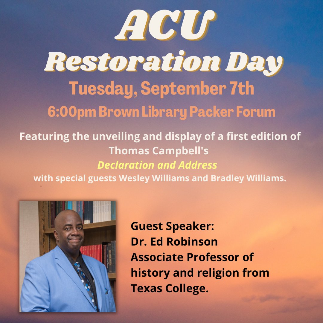 Join us for two events. Sept.6 at 6:00p @ the Brown Library for a new exhibit opening. Sept 7 @ 11:30am join us on the Chapel on the Hill for special guest Dr. Robinson. #acugst