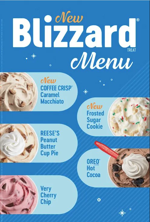 Our new blizzard lineup is here! Come and try one of these delicious treats!