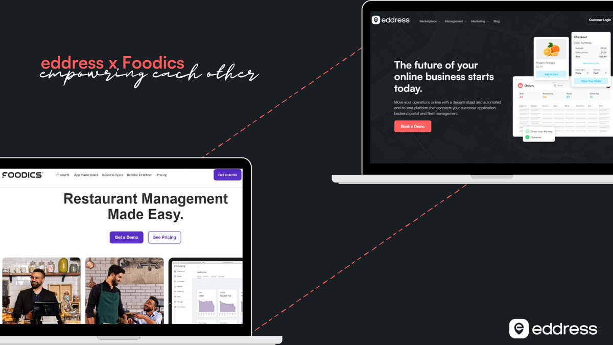 eddress_co's tweet photo. We are happy to announce that eddress is partnering up with MENA's leading #cloudbased POS and restaurant management system, @foodics with the objective of empowering their customers with eddress' #marketplace technology.
#partnership 🤝 https://t.co/OvRMnGC5Io