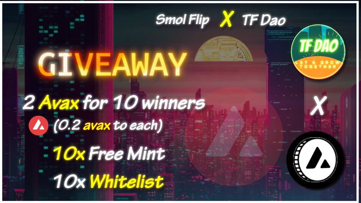 🎉Big Avax Giveaway🤑

😍Teamed up with @FlipSmol

🎁 2 #Avax for 10 winners (0.2avax each)
🎁 10x #FreeMint
🎁 10x #WL

To Win👇
✅ Follow <a href="/DAOs_TF/">TF VERSE 💎</a> &amp; @FlipSmol
✅ Like Retweet Tag 5 Frnds
✅ Join - telegram.me/Tf_daos 

28H⏳
#FreeNFTs #NFTs #Giveaways #Avalanche #NFTProject