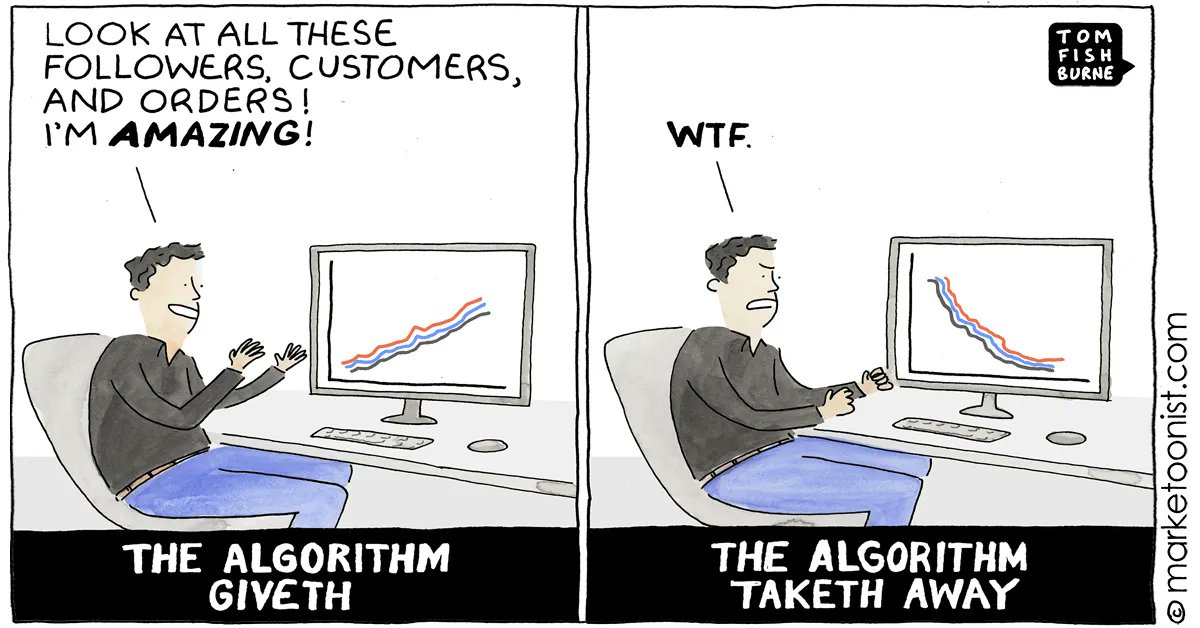 SumTotalMktg's tweet photo. The Algorithm Giveth and Taketh Away cartoon - Marketoonist | Tom Fishburne https://t.co/rne4tbx84H https://t.co/kF3bwHODpv