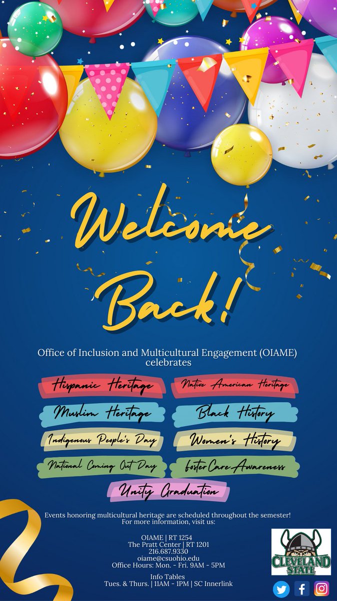 Welcome back, Scholars! 

Visit us:
OIAME | RT 1254 The Pratt Center | RT 1201
216.687.9330  oiame@csuohio.edu
Office Hours: Mon. - Fri. 9AM - 5PM
Info Tables: Tues. &amp; Thurs. 11AM - 1PM SC Interlink

#clevelandstateuniversity #clevelandstate #CLEstate