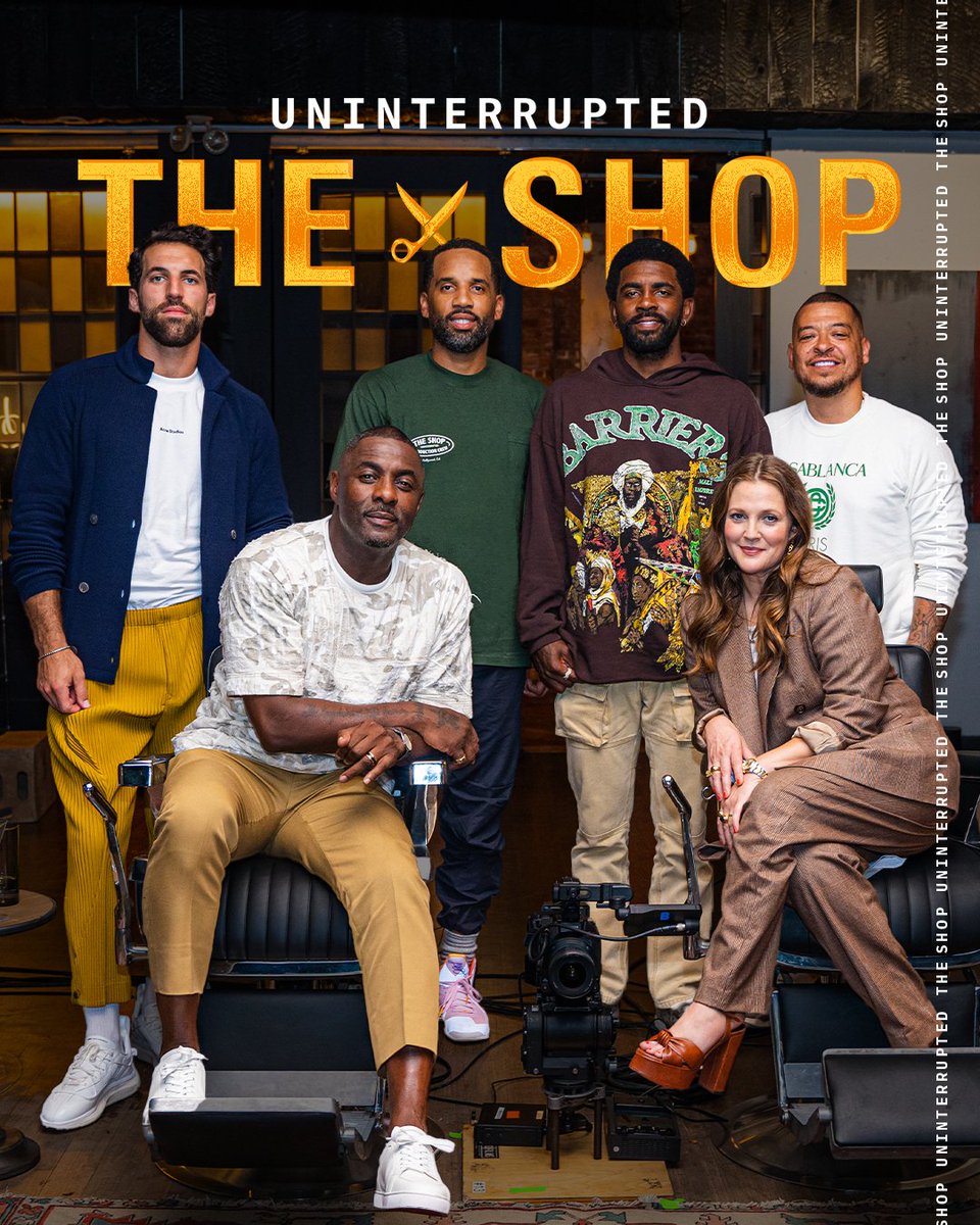 uninterrupted's tweet photo. The best of the best. 💈 

Join @KyrieIrving, @idriselba, @DrewBarrymore &amp; @PaulRabil on a new episode of #TheShop. Coming this Friday at 12 pm ET / 9 am PT on our YouTube! https://t.co/fZyK8fUbHW