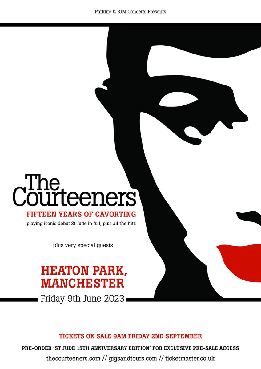 HEATON PARK III

June ‘15. June ‘19 &amp; June ‘23

To celebrate 15 yrs of Cavorting, we’ll be playing St.Jude in full (and the rest you love) at the centre of the Universe…Heaton Park, Manchester

We’ve also remastered St.Jude with B-sides, demos and extras Courteeners.lnk.to/stjude-store