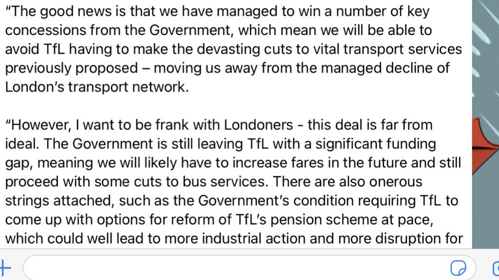 NEW: <a href="/SadiqKhan/">Sadiq Khan</a> agrees £3.6bn funding deal with Dft but says “significant funding gap” &amp; cuts, fare rises &amp; pension reform will be needed. Unions will not like that.