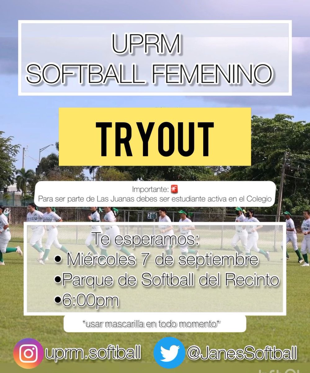 JanesSoftball's tweet photo. TRYOUTS SOFTBALL FEMENINO‼️

¿Quieres pertenecer al equipo de softball del COLEGIO? 

¡¡Esta es tú oportunidad!! 

Este próximo miércoles 7 de septiembre tendremos nuestro tryout a las 6:00 pm en el Parque del COLEGIO. 

*Uso de mascarilla será requerido en todo momento* https://t.co/UTquBV2qmu