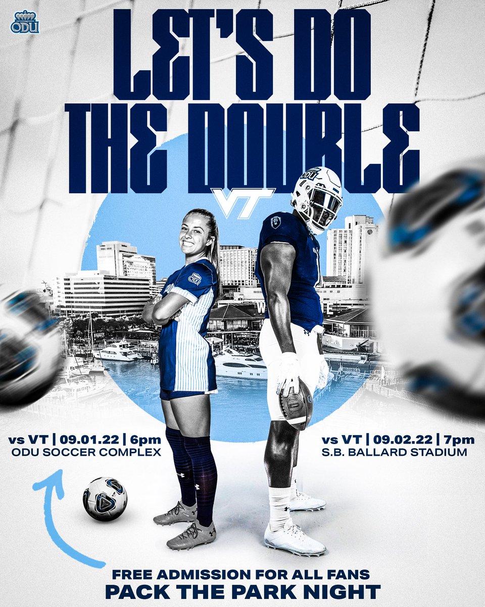 🚨LETS DO THE DOUBLE! Women’s Soccer and Football are both looking to take down Virginia Tech on back-to-back nights! ⚽️🏈 

This Thursday is PACK THE PARK night at the ODU Soccer Complex. Admission is FREE and we will be looking to break our Home attendance record! 

#ReignOn