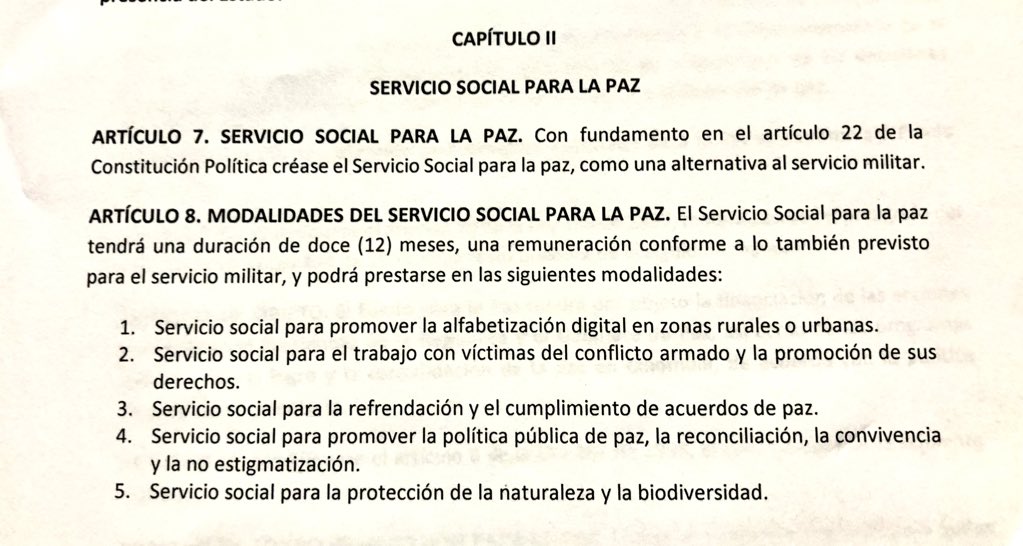 GustavoBolivar's tweet photo. Jóvenes, aquí tienen un menú de posibilidades para prestar servicio a su patria sin la horrorosa opción de ir a la Guerra. 
Así queda consignado hoy en el proyecto de ley que fija un nuevo marco para la paz total, en la que estamos empeñados el gobierno y su bancada. https://t.co/hKV2S3rRuH