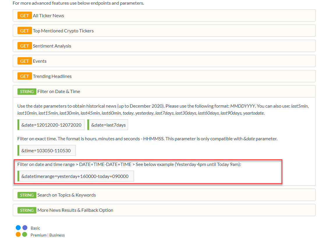 cryptonewsapi's tweet photo. It is now possible to filter on a Date - Time range - e.g. News for Bitcoin between 4pm Yesterday and 9am Today - see our documentation page: https://t.co/O35KjbXhlB https://t.co/vnvCbB7uug