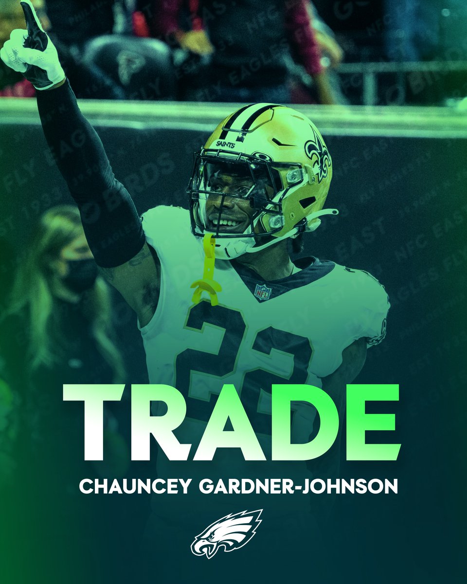 Eagles's tweet image. Eagles have acquired S Chauncey Gardner-Johnson and a 7th round draft pick in 2025 from the Saints in exchange for a 5th round pick in 2023 and the later of the Eagles’ two 6th round picks in 2024.

#FlyEaglesFly