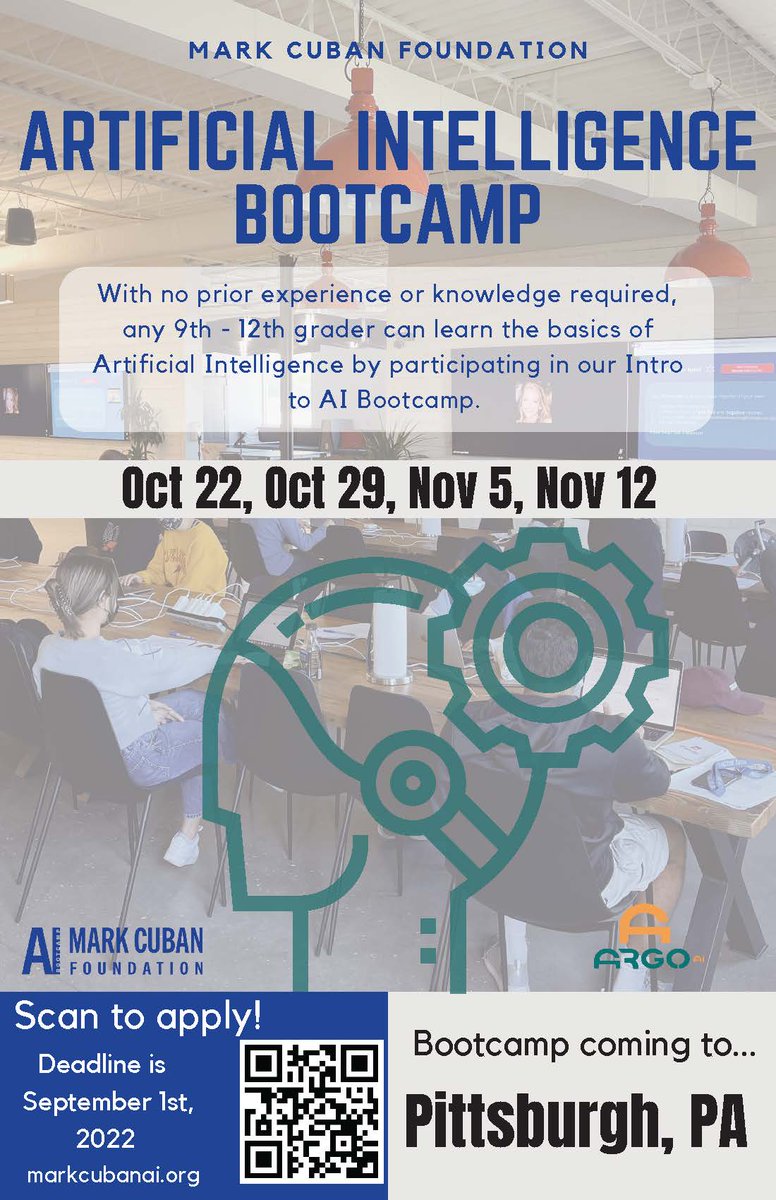 Pittsburgh's tweet photo. Registration is open for TWO MORE DAYS for the 2022 AI Bootcamp hosted by the Mark Cuban Foundation and Argo AI.

This program is building pathways to prosperity for our youth ensuring that Pittsburgh children are prepared for our new economy. https://t.co/KFQtKHlgWY 1/2 https://t.co/ZyWEKdSNux