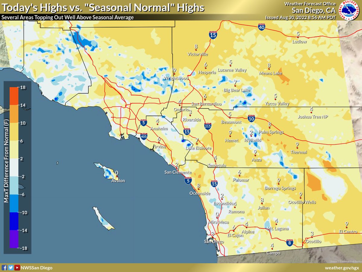 NWSSanDiego's tweet photo. ☀️🔥 Today kicks off a long-duration heat wave for SoCal. 🥵 Here are today's highs, as well as a comparison of today's highs vs what is typical for today. Stay inside as much as possible and drink plenty of water! 

TL;DR: Folks, it is hot, and will continue to be hot.

#CAwx https://t.co/ZBMrPnJrlW